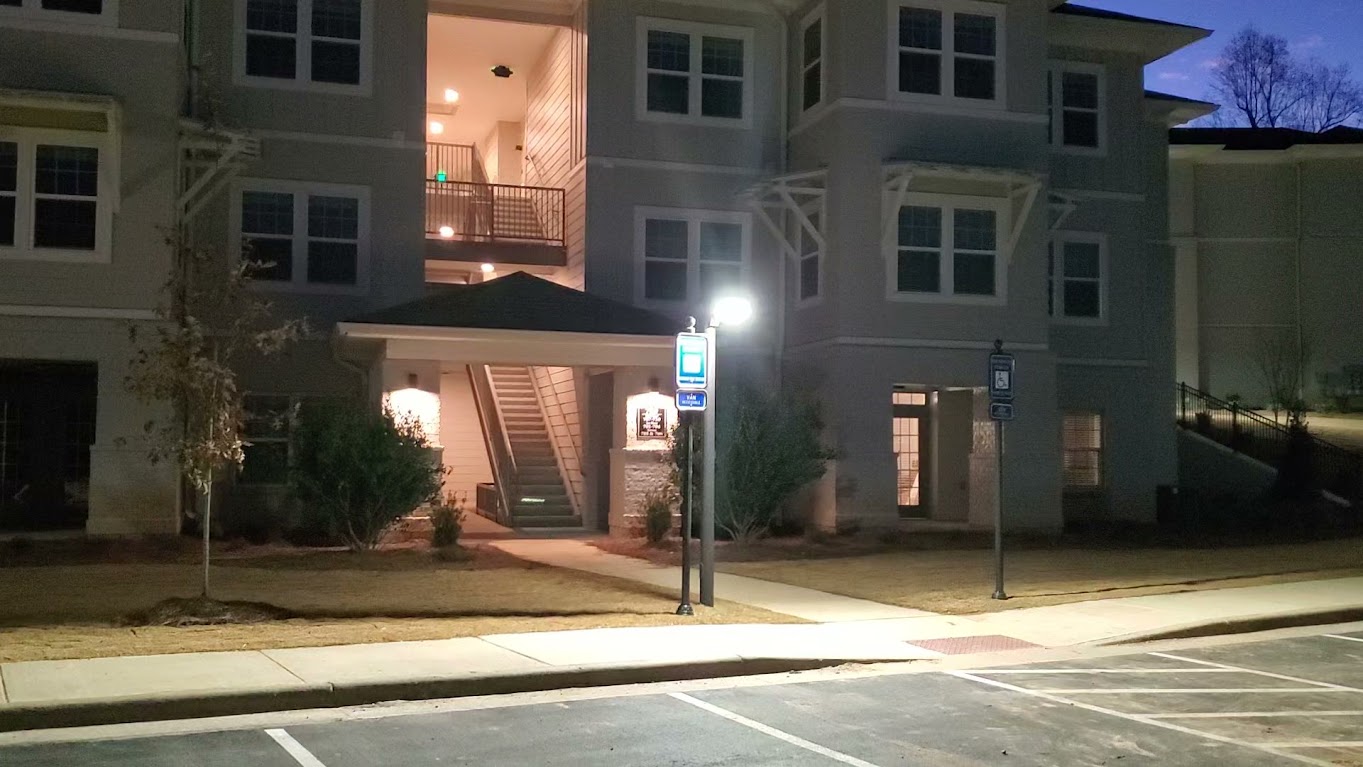 Greystone apartment entrance and exterior lighting